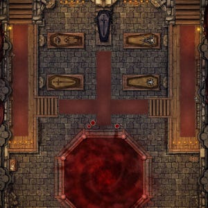 May include: A top-down digital battle map featuring a stone crypt with a large octagonal blood-filled pool, red carpet pathways, and five coffins arranged on stone floors. The scene includes stone stairs, wall sconces, and the text Sanctum of Maps.