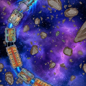 May include: A top-down digital illustration of a space train traveling through a purple and blue nebula filled with floating brown asteroids. The train consists of a locomotive and six connected carriages, each featuring detailed interior rooms.