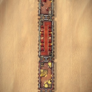 May include: A top-down digital map of a four-car train traveling across a sandy desert landscape. The train includes an engine car with machinery, a passenger car with red seating, and two cargo cars filled with wooden crates and gold coins.