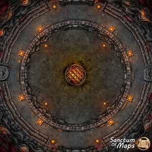 May include: A circular, stone arena with a central fire pit. The arena is surrounded by multiple levels of seating, with torches lining the walls.