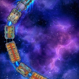 May include: A top-down digital map illustration of a space train consisting of an engine and six connected carriages, each featuring detailed interior layouts with furniture and equipment, set against a vibrant purple and blue cosmic nebula background.