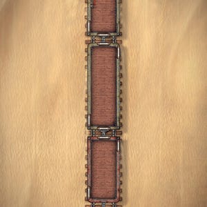 May include: A top-down view of a steampunk-style train consisting of an engine and three connected wooden cargo cars traveling across a sandy desert landscape. The train features metallic detailing, pipes, and gears, with the text Sanctum of Maps.