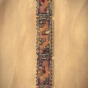 May include: A top-down digital map of a steam train traveling across a desert landscape. The train consists of four connected cars with wooden floors, containing various crates, barrels, and interior furnishings. The text Sanctum of Maps is visible.