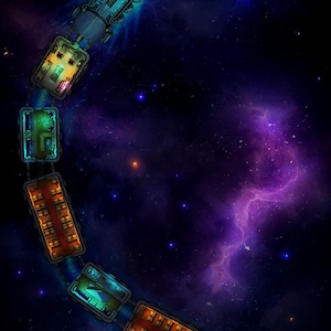 May include: A digital map illustration of a modular space train traveling through a dark purple and blue nebula. The train consists of a lead engine and several connected rectangular carriages, each featuring distinct interior layouts and lighting.