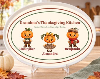 Personalized Grandma Thanksgiving Platter – Custom Pumpkin Grandchildren Names – Fall Serving Tray Gift (10"x14")