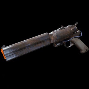 May include: A weathered, dark metallic prop blaster with a long, cylindrical barrel and a distinct orange tip. The device features a textured grip, a mechanical hammer at the rear, and a thin blue wire running along the side of the frame.