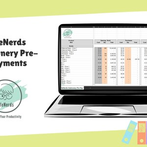 May include: A laptop computer screen displaying a spreadsheet titled "FileNerds Stationery Pre-Payments". The spreadsheet contains columns for product, opening stock, cost, sales, and more. The laptop is on a light green surface with a FileNerds logo and the text "FileNerds Stationery Pre-Payments" above the laptop.