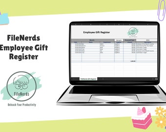 May include: A laptop computer screen displaying a spreadsheet titled "Employee Gift Register". The spreadsheet includes columns for employee name, month, occasion, description, and financial year. The spreadsheet is from FileNerds, a company that helps people unleash their productivity.