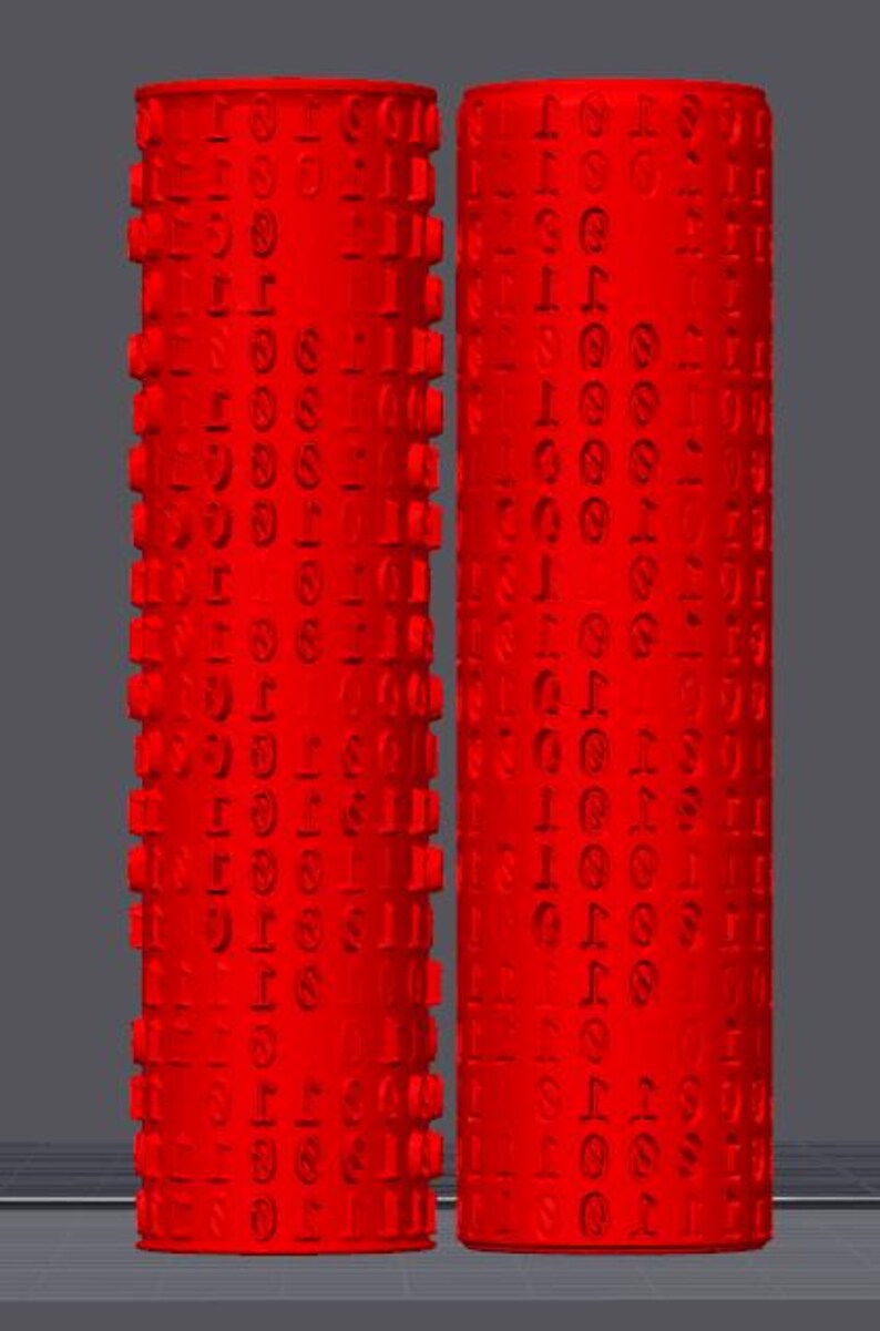 May include: Two bright red cylindrical objects, each with a repeating pattern of numbers and symbols. One has a textured, raised pattern, the other a smoother surface. The background is grey. The objects are likely decorative.