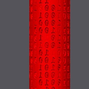 May include: A tall, cylindrical object in a vibrant red hue, covered in a repeating pattern of embossed symbols. The word "inverted" is written in red at the top. The background is grey.
