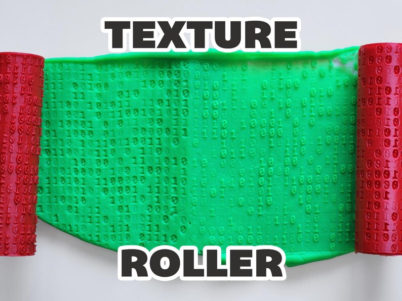 May include: A green, textured material with a binary code pattern is shown between two red texture rollers. The word "TEXTURE" is above the material, and "ROLLER" is below it, in bold, black text.