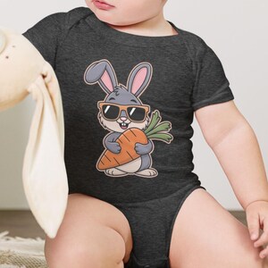 Cute Pixel Art Bunny Onesie – Funny Cartoon Rabbit Baby Bodysuit Gift for Kids | Gray Rabbit with Carrot | Adorable Baby Shower Gift