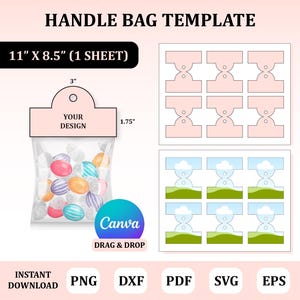 Puede incluir: Una plantilla de bolsa con asa en archivo digital sobre una hoja de 27,94 cm por 21,59 cm. El diseño incluye un encabezado de 7,62 cm por 4,45 cm con un orificio para colgar, mostrado con una bolsa de dulces. Incluye opciones de Canva drag and drop.