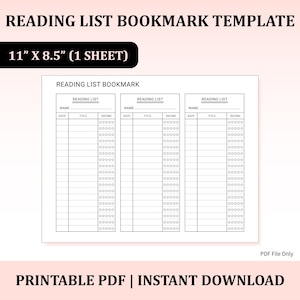 Könnte beinhalten: Eine druckbare PDF-Lesezeichenvorlage für Leselisten. Das Design umfasst drei Spalten zum Verfolgen von Büchern mit Feldern für Titel, Datum und Bewertung. Das Lesezeichen misst 27,9 x 21,6 cm und steht zum sofortigen Download bereit.