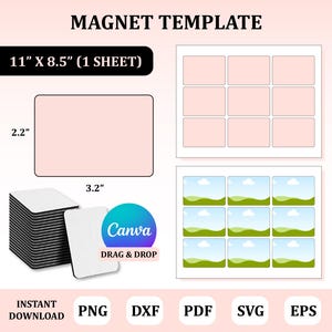 Könnte beinhalten: Eine Vorlage zum Erstellen von Magnetbögen im Format 11 x 8,5 Zoll. Die Vorlage enthält 9 leere Rechtecke und 9 Rechtecke mit einem grünen Landschaftsdesign. Der Text "MAGNET TEMPLATE" und "11" X 8,5" (1 SHEET)" befindet sich oben im Bild. Der Text "Canva DRAG & DROP" befindet sich in einem blauen Kreis unten im Bild. Der Text "INSTANT DOWNLOAD PNG DXF PDF SVG EPS" befindet sich unten im Bild.
