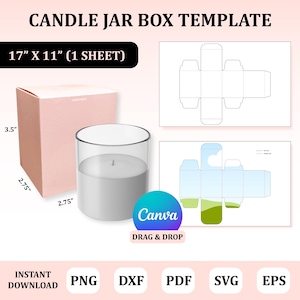 Peut inclure: Un modèle imprimable pour une boîte de pot de bougie. Le modèle est conçu pour être imprimé sur une feuille de papier de 43 cm par 28 cm. Le modèle comprend un design de boîte avec un couvercle et un design séparé pour un pot de bougie. Le modèle est présenté avec une boîte rose et un pot de bougie gris.