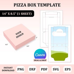 May include: A pizza box template with the text "PIZZA BOX TEMPLATE" at the top. The template includes a pink box with "YOUR DESIGN" text, measuring 4.5" x 4.5" x 1". The design also features a diagram and the Canva logo.