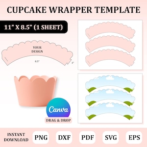 以下が含まれることがあります： カップケーキラッパーのテンプレートで、ピーチ色のデザインが特徴です。画像には、カップケーキラッパーの3Dレンダリング、フラットデザイン、テキスト「Cupcake Wrapper Template」が含まれています。テンプレートは27.9 cm x 21.6 cm（1シート）です。