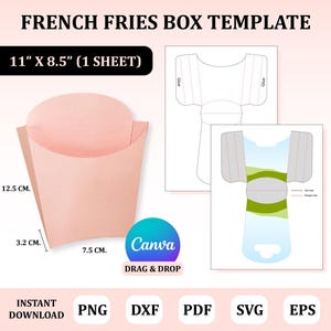 Può includere: Un modello stampabile per una scatola di patatine fritte. Il modello misura 11 pollici per 8,5 pollici e include una scatola rosa di 12,5 cm per 7,5 cm per 3,2 cm. Il modello è progettato per essere utilizzato con Canva.
