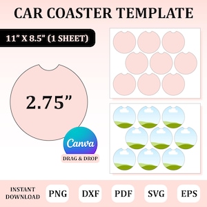 May include: A printable template for creating 2.75 inch round car coasters. The template includes 10 coasters with a cloud and grass design and 9 plain coasters. The template is 11 inches by 8.5 inches and is designed to be printed on one sheet of paper.