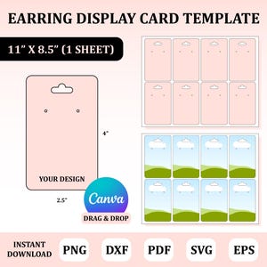 以下が含まれることがあります： 「EARRING DISPLAY CARD TEMPLATE」の文字が入ったピンク色のイヤリングディスプレイカードテンプレート。カードの高さは10.16cm、幅は6.35cmです。「YOUR DESIGN」と「Canva Drag & Drop」の文字が入っています。画像には「INSTANT DOWNLOAD」の文字とファイルタイプのオプションも含まれています。