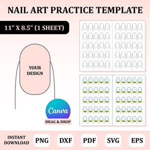 Puede incluir: Una plantilla de práctica de arte de uñas imprimible de 11 pulgadas por 8,5 pulgadas. La plantilla presenta una forma de uña grande para practicar diseños y múltiples formas de uñas más pequeñas dispuestas en filas para practicar diferentes técnicas de arte de uñas. La plantilla está diseñada para usar con Canva, una plataforma de diseño gráfico.