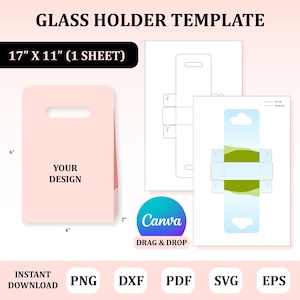 Op de afbeelding: Een roze glashoudersjabloon met de tekst "YOUR DESIGN". De sjabloon is 43cm x 28cm (1 vel) en heeft een handvat. De afbeelding toont ook een Canva-logo en bestandstype-opties: PNG, DXF, PDF, SVG en EPS.