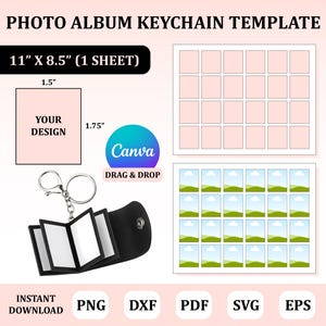 Może przedstawiać: Szablon breloczka do albumu ze zdjęciami z napisem "PHOTO ALBUM KEYCHAIN TEMPLATE". Szablon zawiera breloczek z małym albumem fotograficznym, obszar projektu 3,8 cm x 4,4 cm i logo Canva. Rozmiar arkusza to 27,9 cm x 21,6 cm.