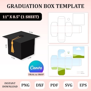 May include: A graduation box template with a black mortarboard design, featuring a gold tassel. The box dimensions are 5 cm x 5 cm x 5 cm, with an 8 cm top. The template is available in PNG, DXF, PDF, SVG, and EPS formats.