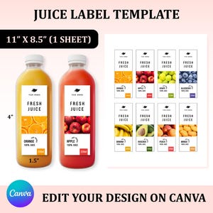 Pode incluir: Um modelo de rótulo de suco com o texto "JUICE LABEL TEMPLATE" no topo. A imagem inclui duas garrafas de suco, uma laranja e outra vermelha, com rótulos que dizem "FRESH JUICE". Os rótulos têm 10.16 cm de altura e 3.81 cm de largura. Existem também vários rótulos menores com diferentes imagens de frutas.