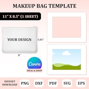 May include: A template for a makeup bag, measuring 11 inches by 8.5 inches. The template includes a blank white makeup bag with the text "YOUR DESIGN" and a pink rectangle with a white border. The template also includes a blue rectangle with a white border and a green grassy hill with a white cloud.