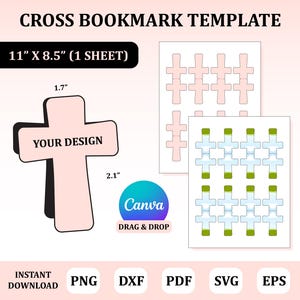Könnte beinhalten: Eine digitale Vorlage für kreuzförmige Lesezeichen. Das Design umfasst ein großes Kreuz mit dem Text "YOUR DESIGN" und zwei Blätter mit kleineren Kreuzen in Rosa und Blaugrün. Die Vorlage ist 27,9 cm x 21,6 cm groß und enthält die Dateiformate PNG, DXF, PDF, SVG und EPS.
