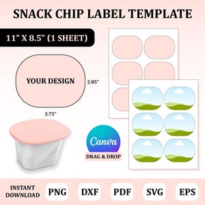 May include: A snack chip label template with the text "SNACK CHIP LABEL TEMPLATE". The template includes a label design with the text "YOUR DESIGN", and a container mockup. The template is 11" x 8.5" (1 sheet).
