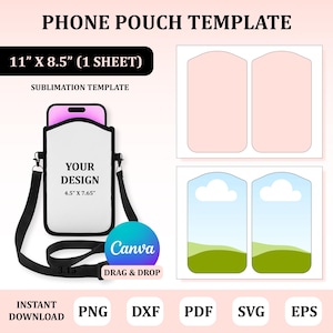 Könnte beinhalten: Eine Handy-Taschen-Vorlage mit dem Text "PHONE POUCH TEMPLATE". Die Vorlage enthält ein Handy-Taschen-Design mit dem Text "YOUR DESIGN" und Abmessungen von 11,43 cm x 19,43 cm. Das Bild zeigt auch einen schwarzen Riemen und das Canva-Logo.