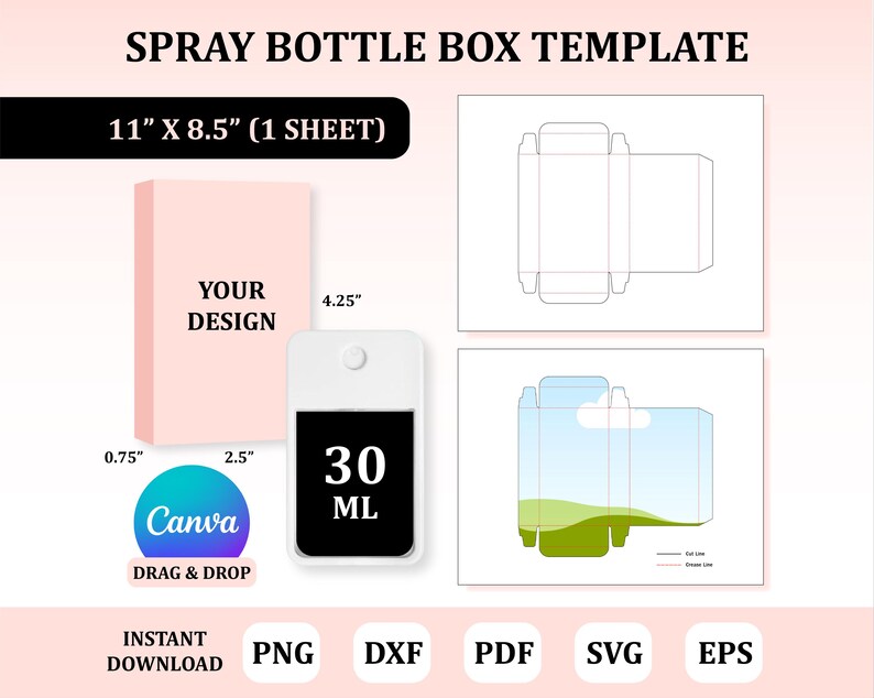 May include: A spray bottle box template with dimensions of 11" x 8.5". The design includes a pink box mockup, a spray bottle with 30 ml capacity, and a Canva logo. The template is available for instant download in PNG, DXF, PDF, SVG, and EPS formats.
