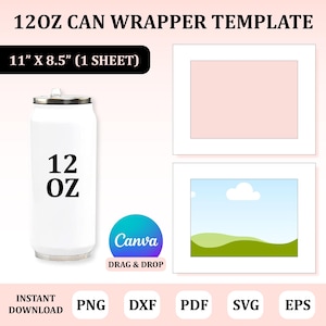 Pode incluir: Um modelo de embalagem de lata branca de 12 oz com um retângulo rosa e um céu azul com uma nuvem branca e grama verde. O modelo mede 11 polegadas por 8,5 polegadas e é para uma folha. O texto "Canva Drag & Drop" está no modelo.