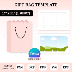 以下が含まれることがあります： ピンク色のギフトバッグテンプレート。上部はスカラップ、持ち手は黒。バッグの高さは17.8cm、幅は12.7cm。テンプレートには図と風景デザインが含まれています。「GIFT BAG TEMPLATE」と「17" x 11" (1 SHEET)」の文字が含まれています。