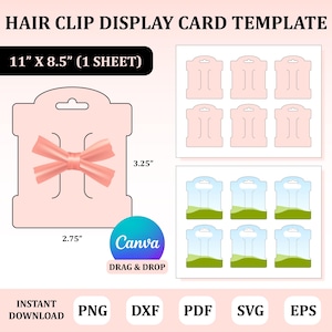 May include: A pink hair clip display card template with the text "HAIR CLIP DISPLAY CARD TEMPLATE" and dimensions of 27.9 cm x 21.6 cm. The design includes a bow graphic and the Canva logo. The template is available in PNG, DXF, PDF, SVG, and EPS formats.