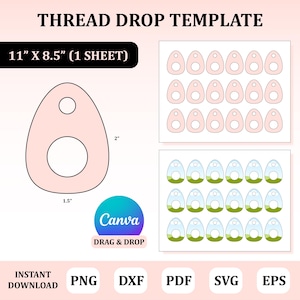 Op de afbeelding: Een roze draaddruppel sjabloon met een grote druppelvorm, van 3,8 cm x 5,1 cm, en meerdere kleinere sjablonen. De tekst bevat "THREAD DROP TEMPLATE", "11" X 8.5" (1 SHEET)", "Canva" en bestandstype opties: PNG, DXF, PDF, SVG, EPS.