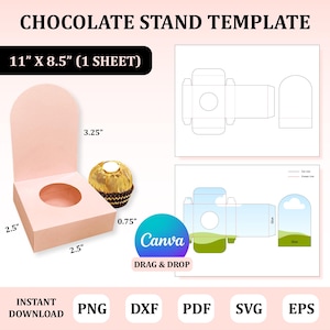 Puede incluir: Una plantilla imprimible para un soporte de chocolate, que mide 27,9 cm por 21,6 cm. La plantilla está diseñada para ser recortada y ensamblada para crear un soporte para un solo chocolate. El soporte es rosa y tiene un recorte circular para el chocolate. La plantilla también incluye un diseño separado para un envoltorio de chocolate.