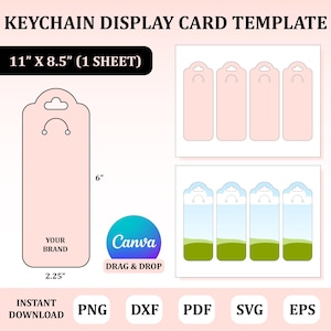 May include: A keychain display card template with a pink background. The template includes a large card with dimensions of 2.25" x 6", and smaller cards. The text "YOUR BRAND" is visible. The image also includes the text "KEYCHAIN DISPLAY CARD TEMPLATE".