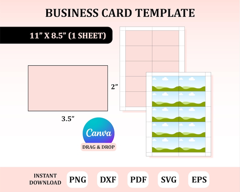 May include: A template for business cards, showing a sheet of 10 cards, each measuring 3.5 inches by 2 inches. The sheet is 11 inches by 8.5 inches. The cards are pink with a white grid pattern. The template is designed to be used with Canva, a graphic design platform.