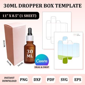Modelo de caixa conta-gotas de 30 ml, caixa conta-gotas Svg, modelo de frasco de óleo essencial, modelo de caixa de soro, modelo de caixa faça você mesmo, modelo de caixa de cosméticos