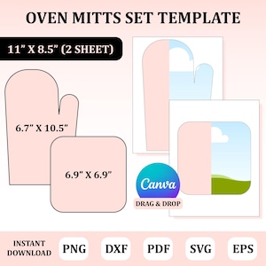 Può includere: Un modello stampabile per guanti da forno, con due fogli che misurano 27,9 cm per 21,6 cm. Il modello include due design di guanti da forno, uno che misura 17 cm per 26,7 cm e l'altro che misura 17,5 cm per 17,5 cm. Il modello è progettato per essere utilizzato con Canva, uno strumento di progettazione drag-and-drop.