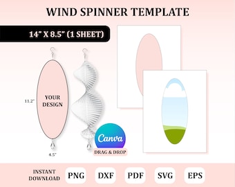 Może przedstawiać: Szablon wiatrowego spinnera z tekstem "WIND SPINNER TEMPLATE". Szablon zawiera różowy owalny kształt z tekstem "YOUR DESIGN", o wymiarach 28,4 cm x 11,4 cm. Zawiera również dwa białe szablony i logo Canva.