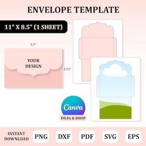 Peut inclure: Un modèle d'enveloppe rose avec un rabat festonné, intitulé "YOUR DESIGN". L'image comprend une enveloppe de 14 cm de large et 9,5 cm de haut, ainsi que deux modèles de conception d'enveloppe. Le texte indique "ENVELOPE TEMPLATE" et "11" X 8.5" (1 SHEET)." Le logo Canva est également présent.