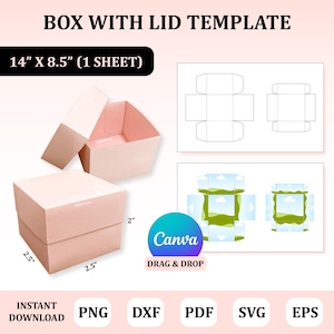 May include: A printable template for a 14 inch by 8.5 inch box with a lid. The template is shown in a light pink color and includes instructions to drag and drop the design onto Canva. The template is also available in PNG, DXF, PDF, SVG, and EPS formats.