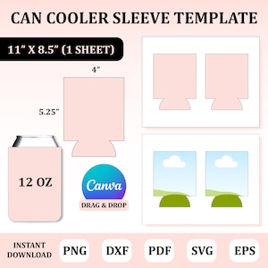 May include: A printable template for a 12 oz can cooler sleeve. The template is 11 inches by 8.5 inches and includes two can cooler designs. The designs are pink and feature a simple can cooler shape with a tab at the top. The template is designed to be used with Canva, a graphic design platform.