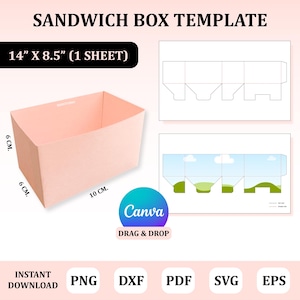 Könnte beinhalten: Eine rosa Sandwichbox-Vorlage, 35.56 cm x 21.59 cm (1 Blatt). Die Box ist 6 cm hoch und 10 cm breit. Das Bild enthält ein Canva-Logo und den Text "DRAG & DROP". Dateiformate: PNG, DXF, PDF, SVG und EPS.