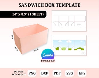 Op de afbeelding: Een roze sandwichbox sjabloon, 35.56 cm x 21.59 cm (1 vel). De doos is 6 cm hoog en 10 cm breed. De afbeelding bevat een Canva-logo en de tekst "DRAG & DROP". Bestandsformaten: PNG, DXF, PDF, SVG en EPS.